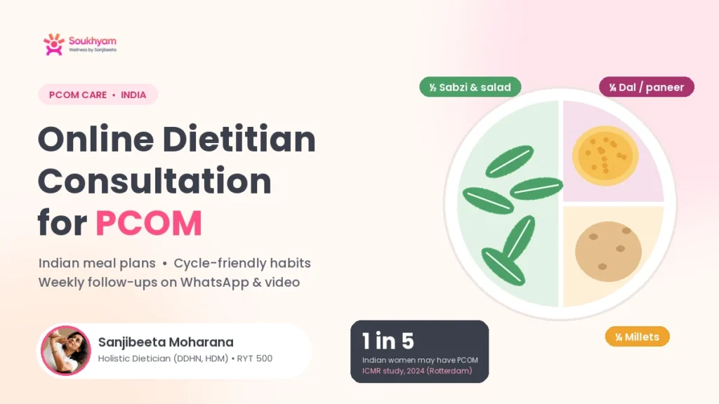 Online dietitian consultation for PCOM (PCOS) in India – Soukhyam poster with Indian plate